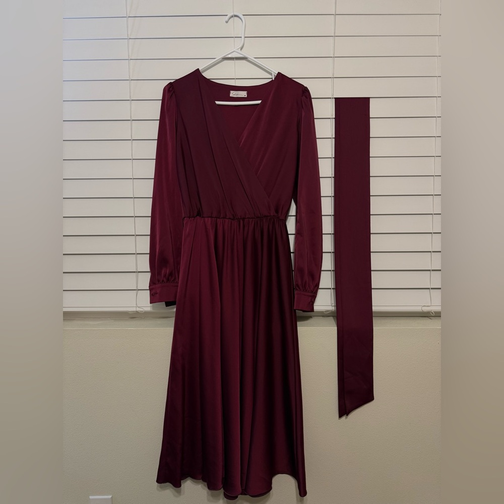 Sea Long Sleeve Midi Dress In Burgundy